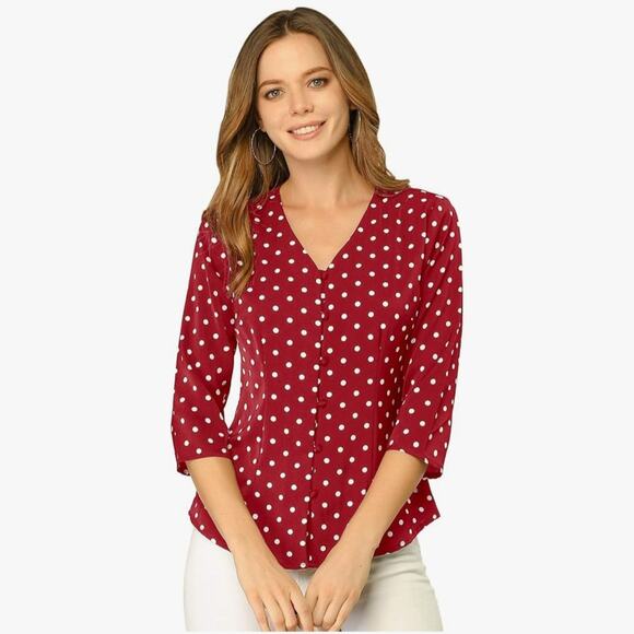Allegra K. Red and White Polka Dot Front Button Down Half Sleeve Blouse Shirt - Picture 1 of 7